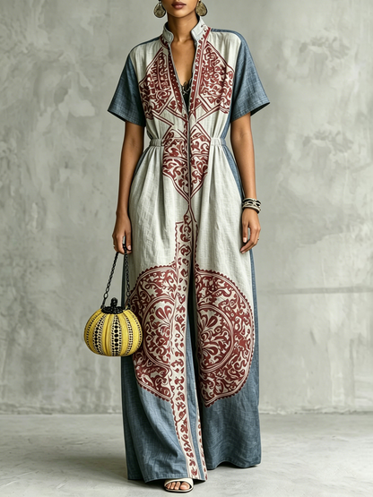 High Waisted Loose Elasticity Pockets Printed V-Neck Jumpsuits