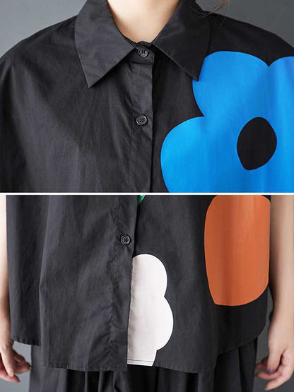 Loose Short Sleeves Buttoned Flower Print Lapel Blouses&Shirts Tops