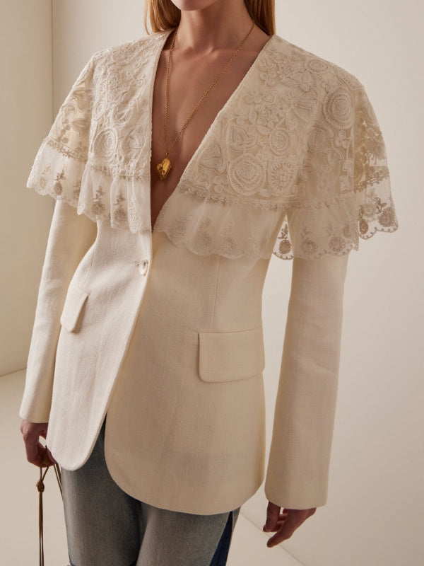 Long Sleeves Buttoned Embroidered Pockets Split-Joint Deep V-Neck Blazer Outerwear