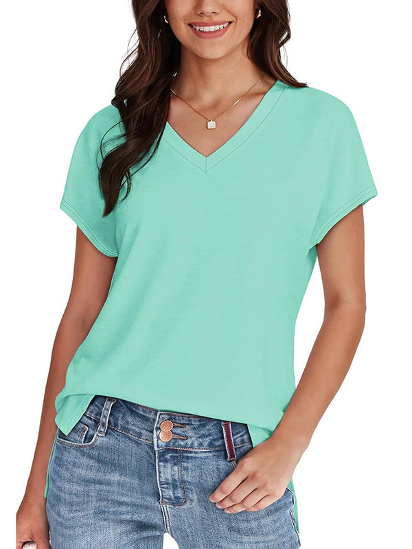 High-Low Raglan Sleeve Solid Color Split-Joint Split-Side V-Neck T-Shirts