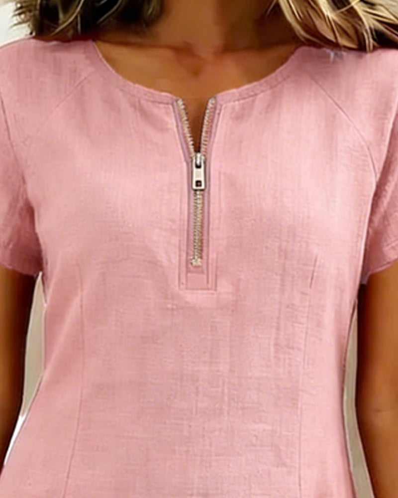 Remi | Women's Shift Dress Short Sleeve Zip Neck with Pockets