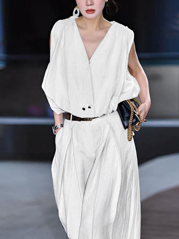 High Waisted Loose Pleated Solid Color Split-Joint Suit Pants