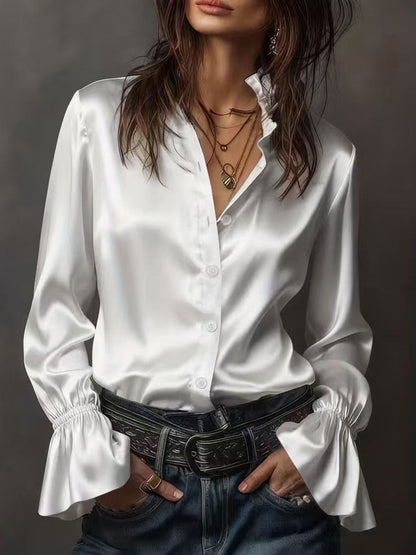 Flared Sleeves Long Sleeves Buttoned Elasticity Solid Color Lapel Blouses&Shirts Tops