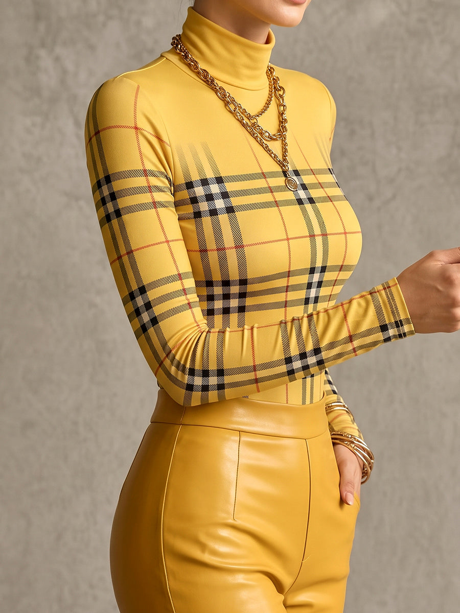 Plaid Contrast Color Skinny Long Sleeves High-neck T-Shirts Tops