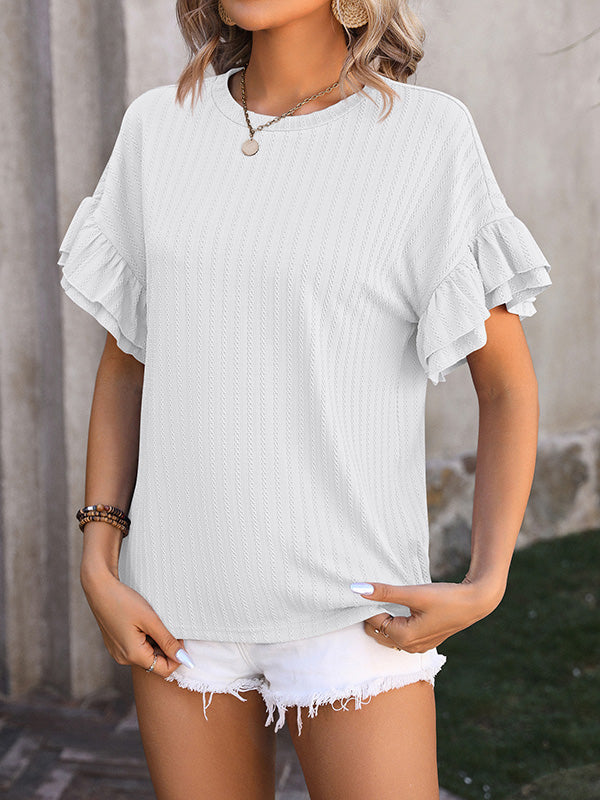 Wrap Falbala Solid Color Round-Neck T-Shirts Tops