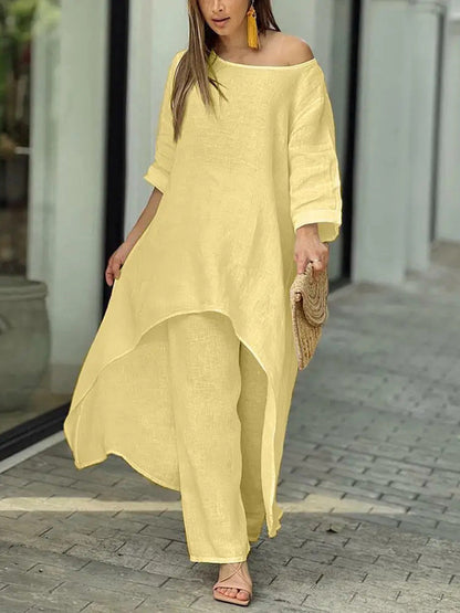 Asymmetric Solid Color High Waist High-Low Round-Neck Tops + Wide Leg Pants Bottoms Two Pieces Set