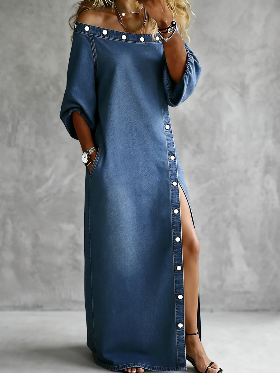 Solid Color Pockets Buttoned Three-quarter Sleeves H-line Off-the-shoulder Maxi Dresses