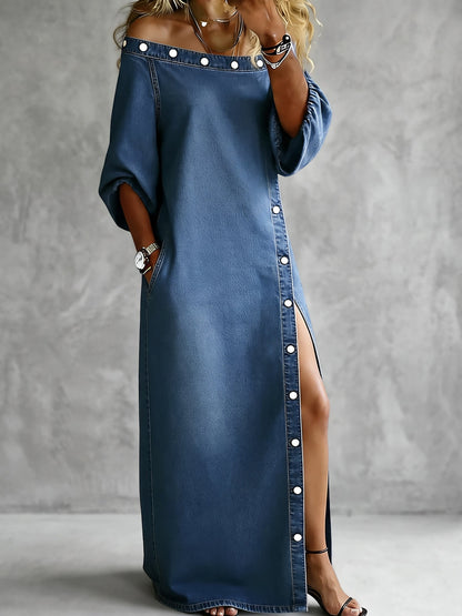Solid Color Pockets Buttoned Three-quarter Sleeves H-line Off-the-shoulder Maxi Dresses