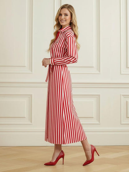 Elasticated Waist High Waisted Buttoned Contrast Color Split-Joint Split-Side Striped Tied Lapel Midi Dresses Shirt Dress