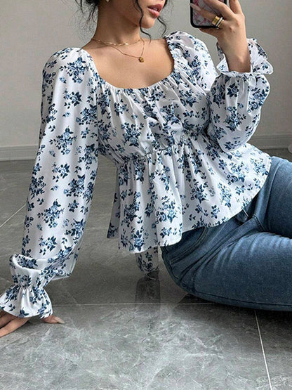 Elasticated Waist High Waisted Contrast Color Flower Print Pleated Ruffled Split-Joint Square-Neck Blouses&Shirts Tops