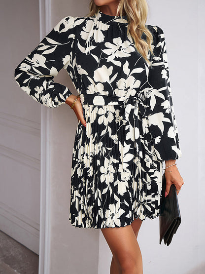 High Waisted Long Sleeves Flower Print Pleated Tied Waist Mock Neck Mini Dresses