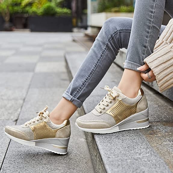 Stella | Women's Hidden Wedge Sneakers Lace Up Glitter Platform
