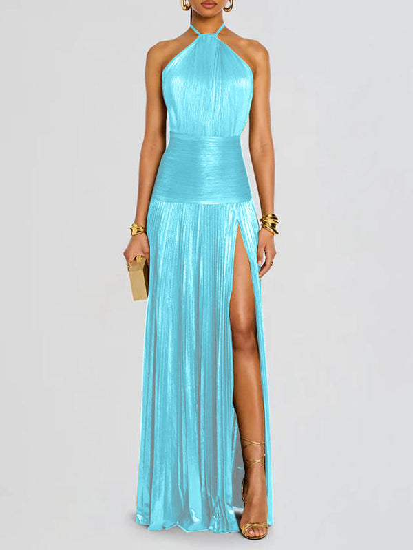 Elasticated Waist Sleeveless Pleated Shiny Solid Color Split-Side Halter-Neck Maxi Dresses