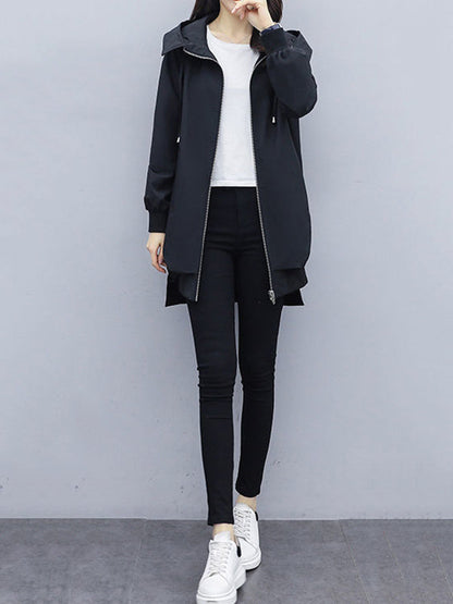 Casual Loose 4 Colors Pleated Zipper Hooded Long Sleeves Outwear