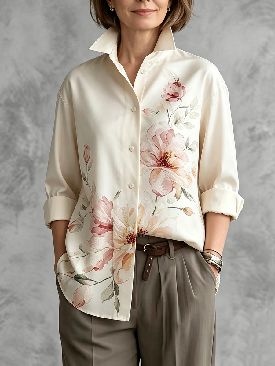Flower Print Buttoned Loose Long Sleeves Stand Collar Blouses&shirts Tops
