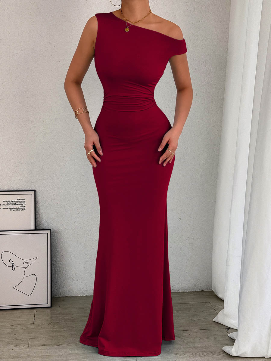 Bodycon High Waisted Asymmetric Pleated Solid Color Split-Side One-Shoulder Maxi Dresses