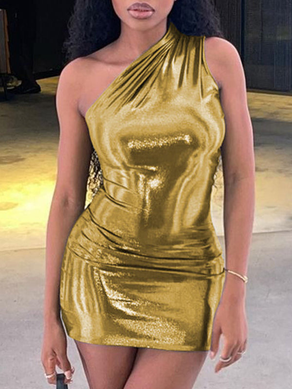 Robe de soirée asymétrique moulante, couleur unie, brillante, fendue, asymétrique, mini-robe 