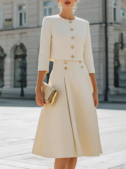 Three-Quarter Sleeves Buttoned Solid Color Round-Neck Outerwear