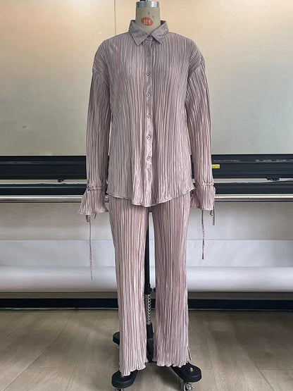Flared Sleeves Long Sleeves Buttoned Drawstring Pleated Solid Color Split-Side Lapel Shirts Top + Pants Bottom Pajama Sets