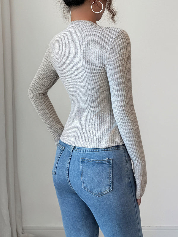 Long Sleeves Skinny Buttoned Solid Color Round-Neck Cardigan Tops