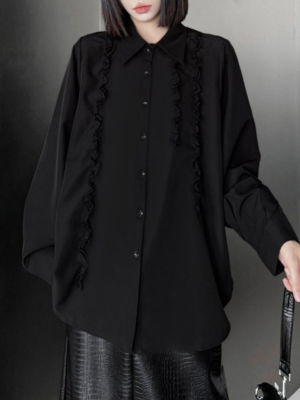 Hipster Long Sleeves Buttoned Falbala Ruffled Solid Color Split-Joint Lapel Blouses&Shirts Tops