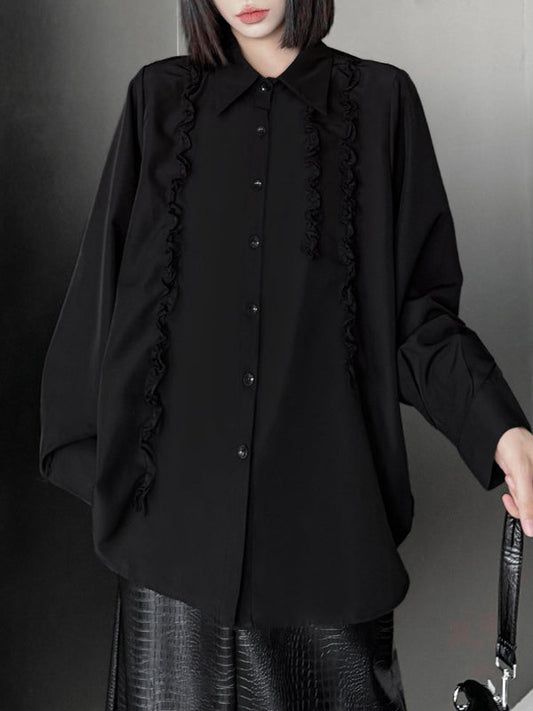 Hipster Long Sleeves Buttoned Falbala Ruffled Solid Color Split-Joint Lapel Blouses&Shirts Tops