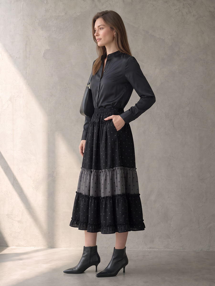 Split-Joint Ruffle Trim Polka-Dot Elasticity Contrast Color Loose A-line Skirts
