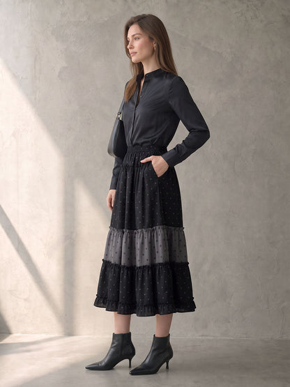 Split-Joint Ruffle Trim Polka-Dot Elasticity Contrast Color Loose A-line Skirts