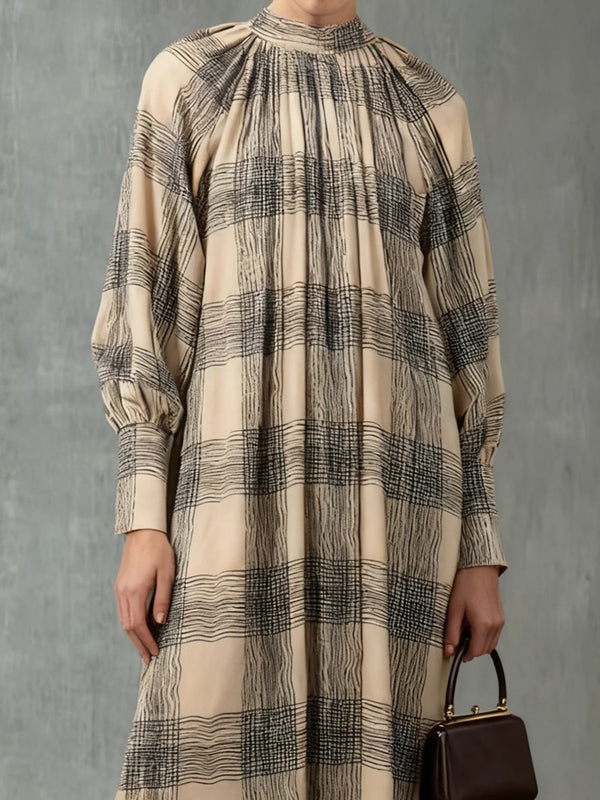 Long Sleeves Loose Contrast Color Plaid Pleated Zipper Mock Neck Maxi Dresses
