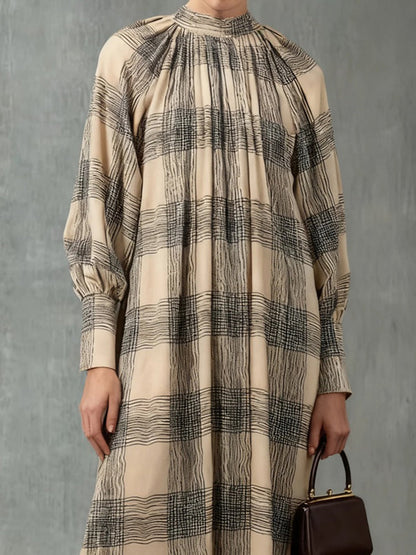 Long Sleeves Loose Contrast Color Plaid Pleated Zipper Mock Neck Maxi Dresses