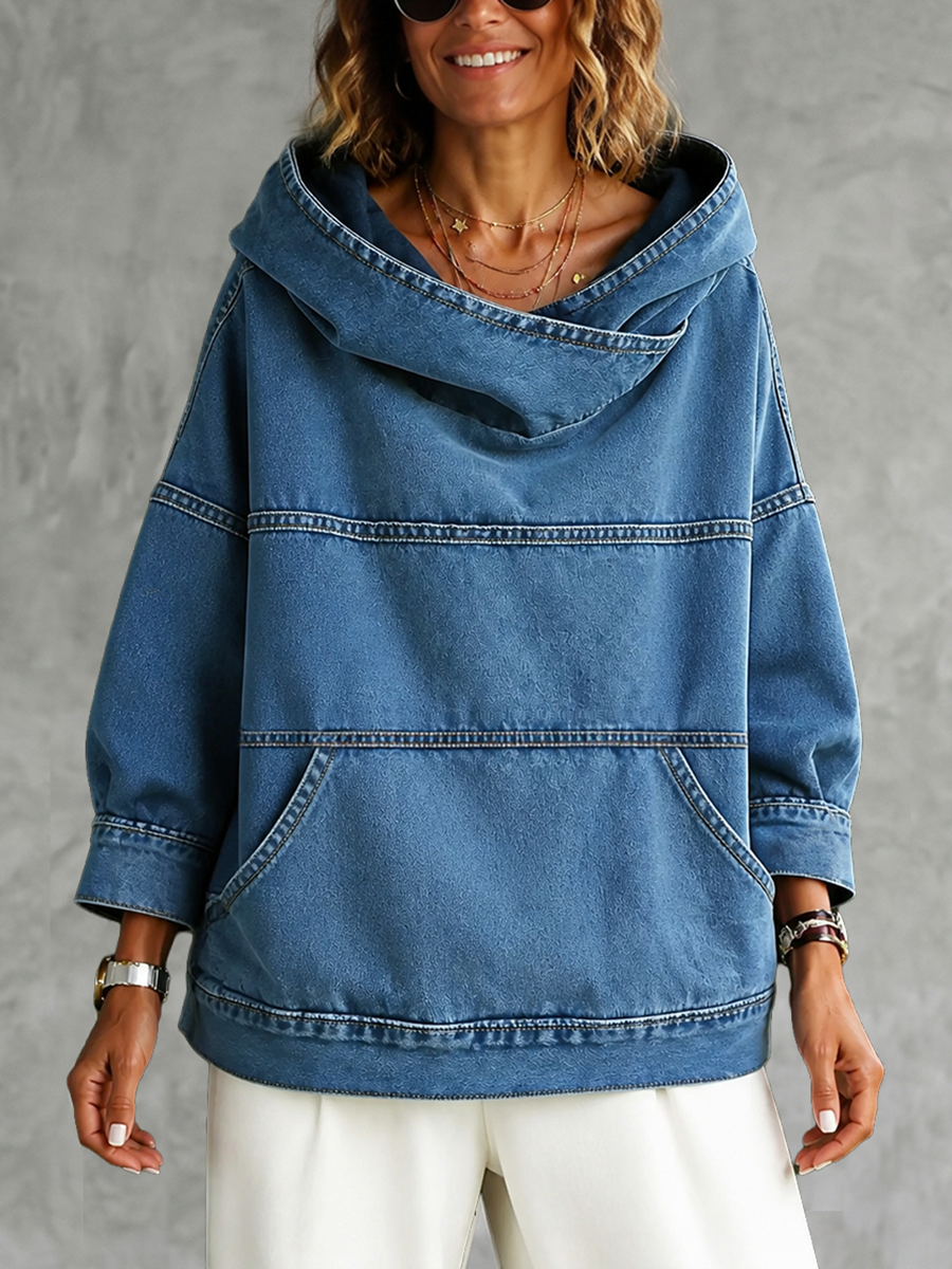 Split-Joint Solid Color Pockets Loose Long Sleeves Hooded Hoodies&sweatshirt Tops