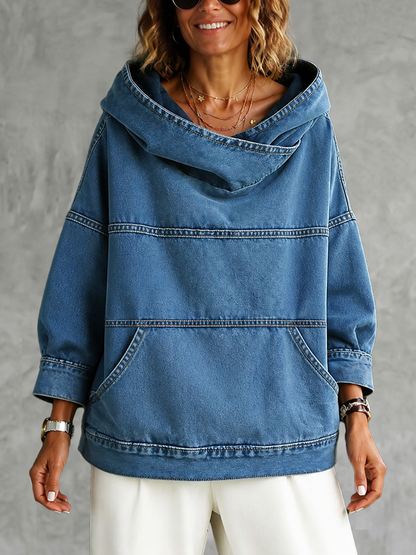 Split-Joint Solid Color Pockets Loose Long Sleeves Hooded Hoodies&sweatshirt Tops