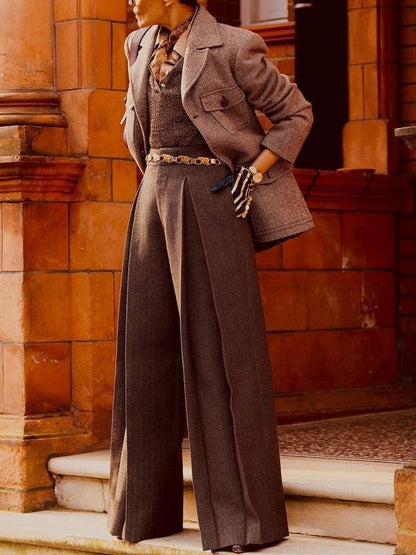 High Waisted Loose Pleated Pockets Solid Color Pants Trousers