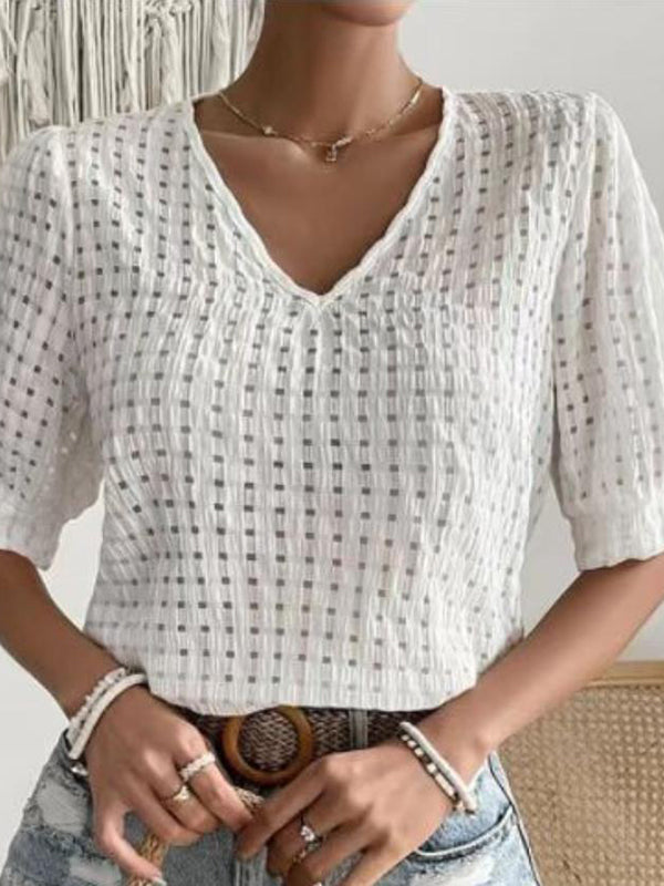 Lockere, kurze Ärmel, hohl, einfarbig, geteilter V-Ausschnitt, T-Shirts, Oberteile 