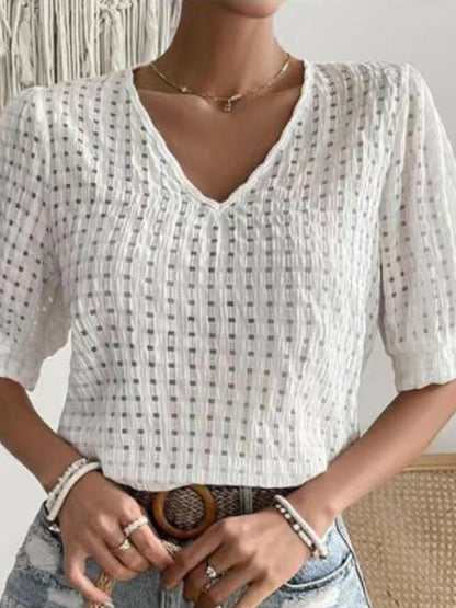 Lockere, kurze Ärmel, hohl, einfarbig, geteilter V-Ausschnitt, T-Shirts, Oberteile 