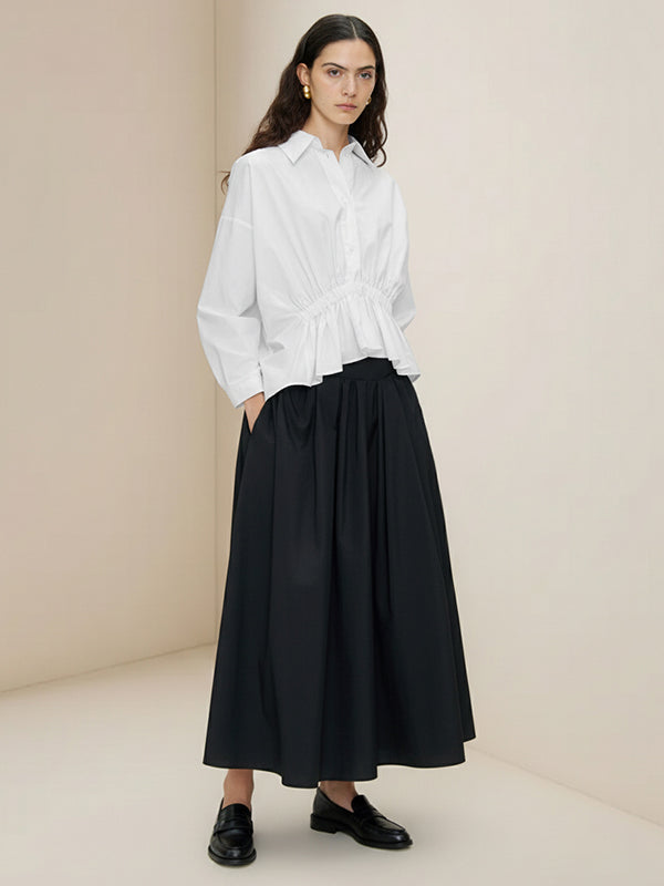 Elasticated Waist Irregularity Buttoned Pleated Ruffled Solid Color Lapel Blouses&Shirts Tops