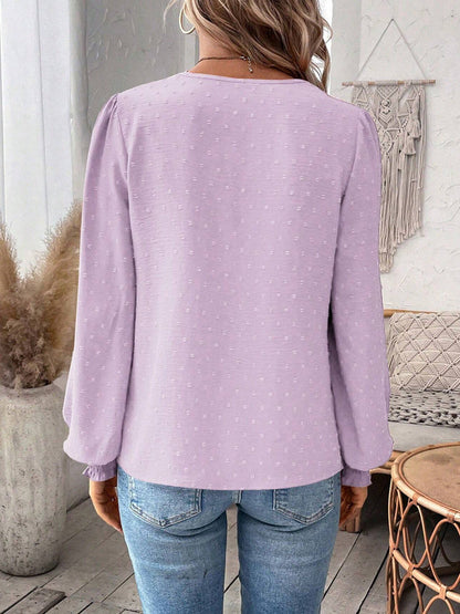 Balloon Sleeves Long Sleeves Embroidered Hollow Solid Color V-Neck Blouses&Shirts Tops
