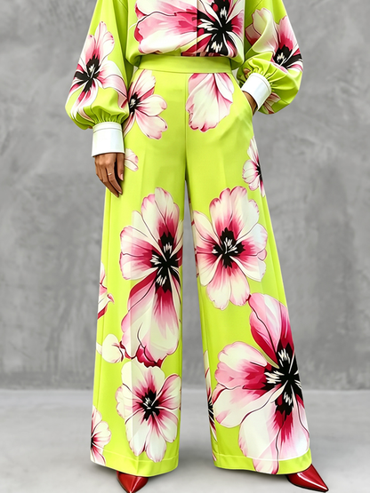 Pockets Flower Print Elasticity Wide Leg High Waisted Trousers Pants