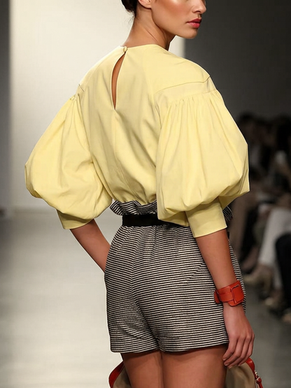 Half Sleeves Puff Sleeves Buttoned Hollow Solid Color Split-Joint Round-Neck Blouses&Shirts Tops