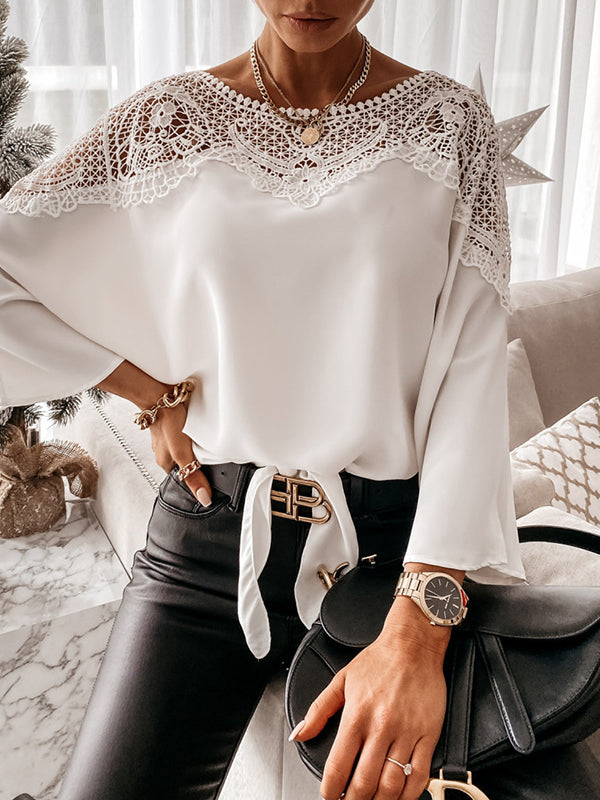 Long Sleeves Loose Solid Color Split-Joint Round-Neck Blouses&Shirts Tops