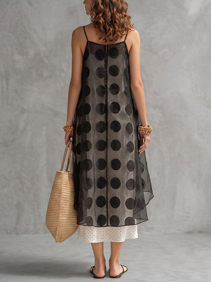 False Two Sleeveless Contrast Color Polka Dot See-Through Spaghetti-Neck Midi Dresses Slip Dress