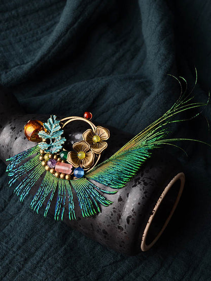 Vintage Peacock Feather Floral Brooch