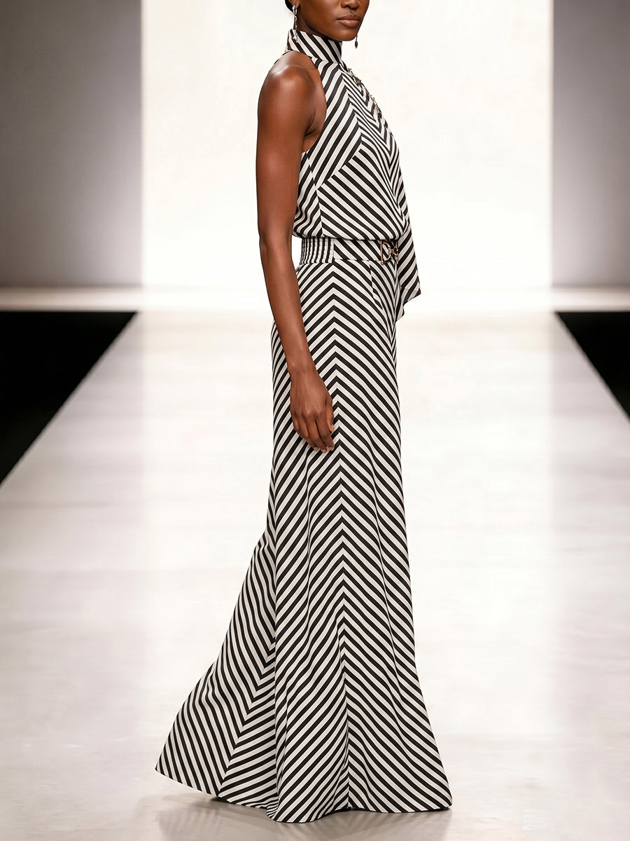 Sleeveless Contrast Color Draped Striped Halter-Neck Blouses&Shirts Tops
