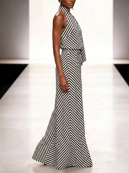 Sleeveless Contrast Color Draped Striped Halter-Neck Blouses&Shirts Tops