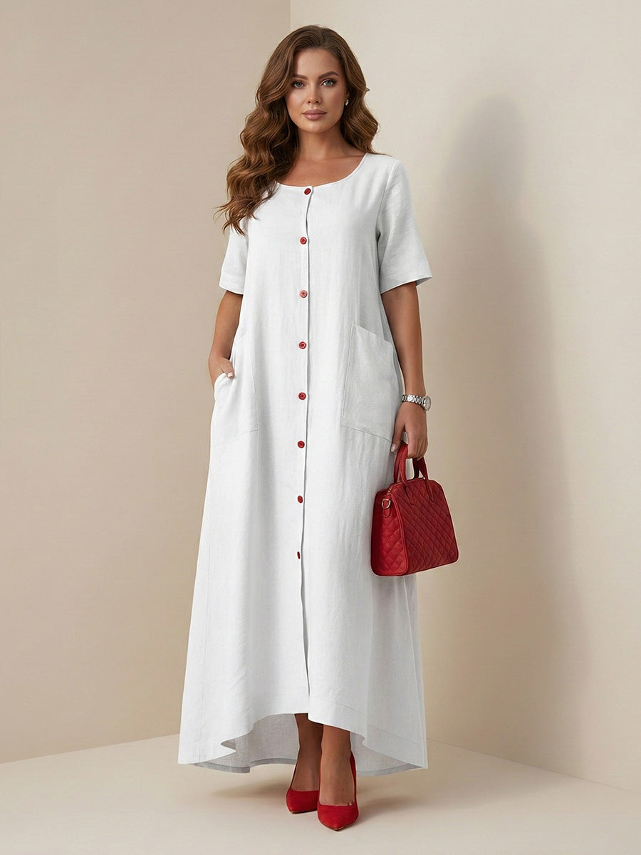 Column Loose Buttoned Contrast Color Pockets Split-Joint Square-Neck Maxi Dresses Shirt Dress