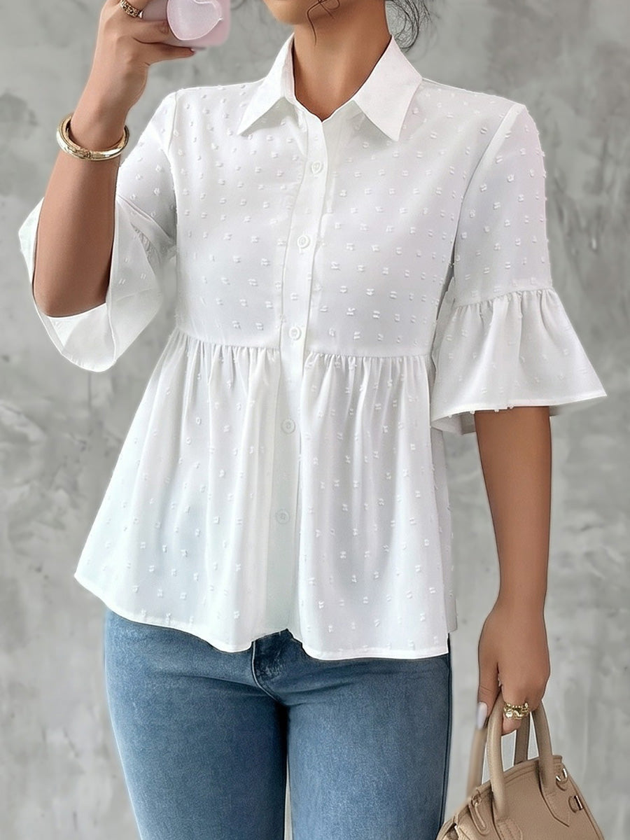 A-Line Flared Sleeves Buttoned Jacquard Pleated Solid Color Lapel Blouses&Shirts Tops