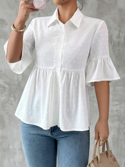 A-Line Flared Sleeves Buttoned Jacquard Pleated Solid Color Lapel Blouses&Shirts Tops