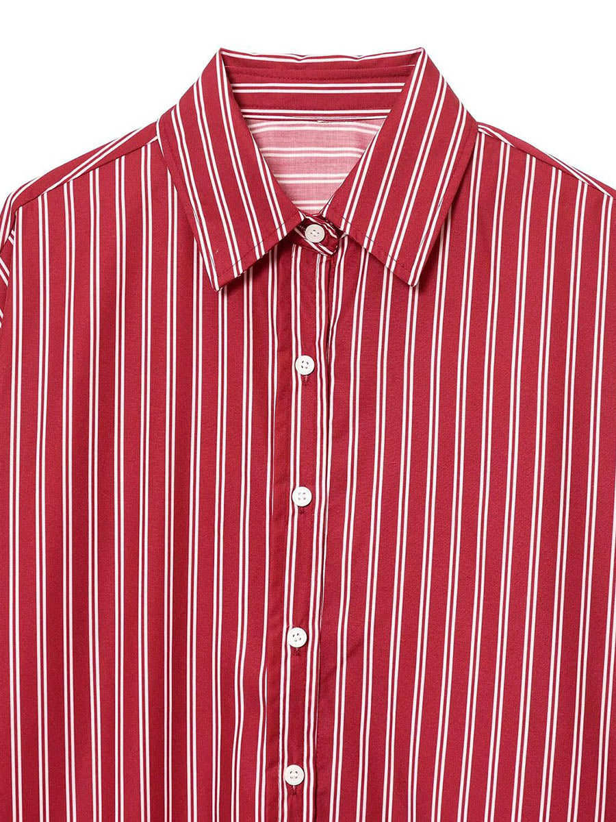 Striped Contrast Color Buttoned Loose Long Sleeves Lapel Blouses&shirts Tops