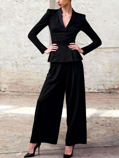 Elasticated Waist High Waisted Belted Ruffled Solid Color V-Neck Blazer Blouses&Shirts Tops
