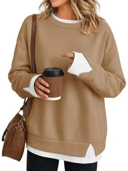 Split-Joint Contrast Color Plus Size Loose Round-neck Sweater Pullovers